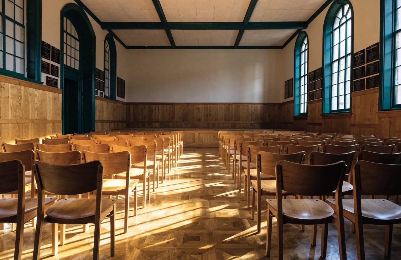 The assembly hall, empty between the day and evening timetables.